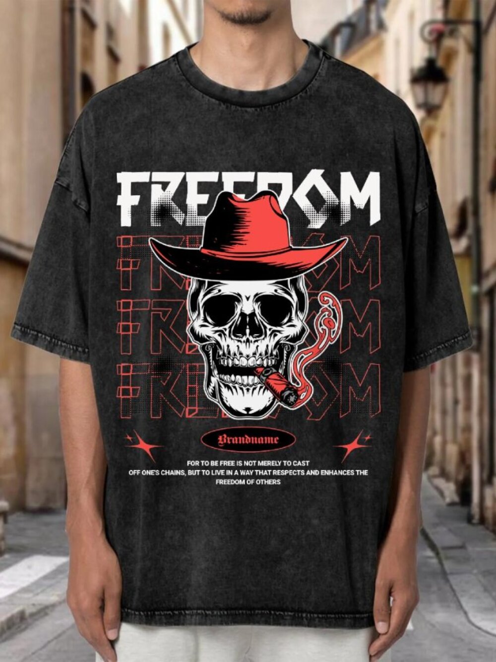 Vintage Wash Freedom Skull Cowboy Hat Graphic Oversized Tee GFBG63N7Y401
